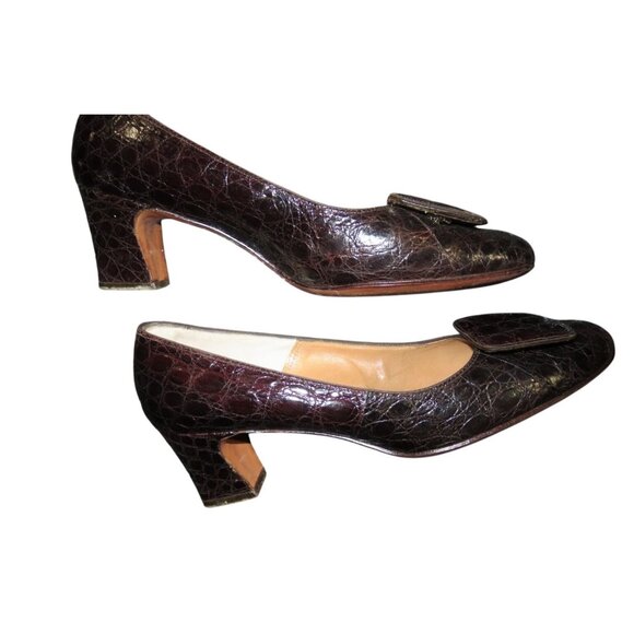 Antonelli Brown Croc Embossed Italian Leather Fringe Block Heeled Pumps size 7 - Picture 6 of 10